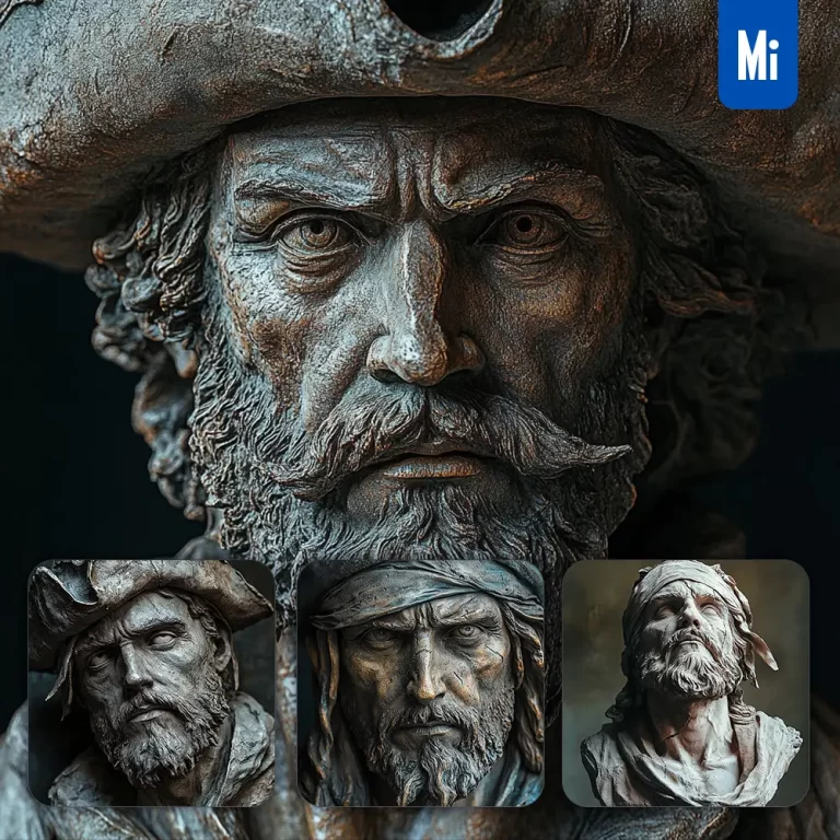 midjourney prompt pirate captain face dark portrait 3D sculpture
