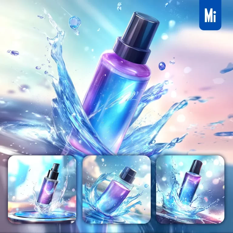 midjourney prompt purple skin care bottle water splash 3D animation