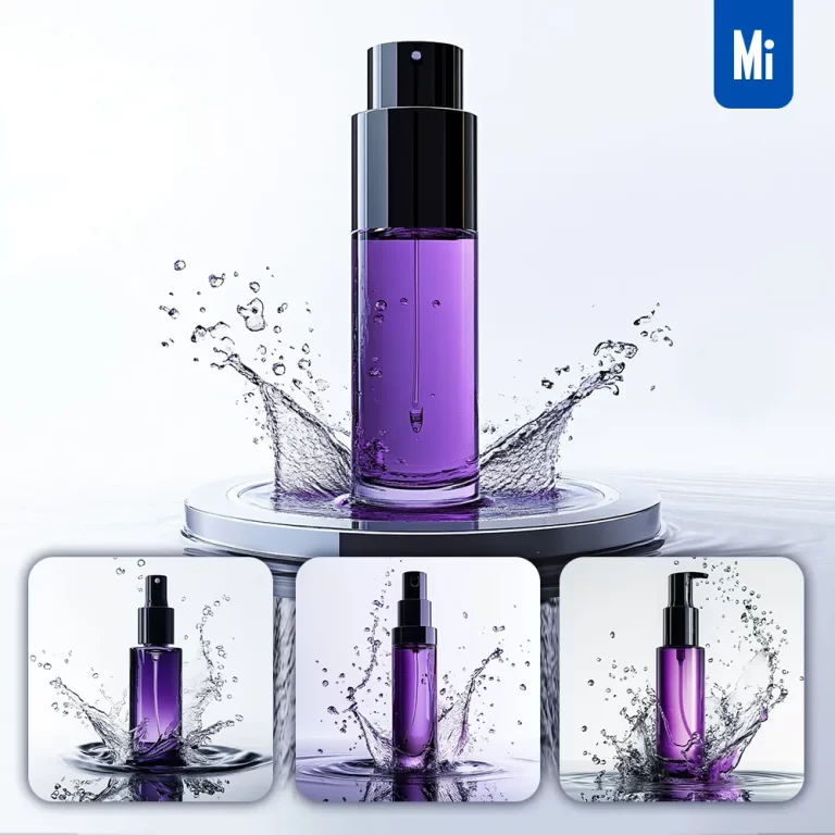 midjourney prompt purple skin care bottle water splash 3D photography
