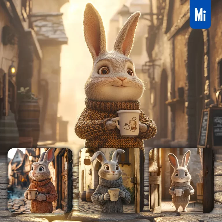 midjourney prompt rabbit town alley street cup coffee 3D cartoon animation