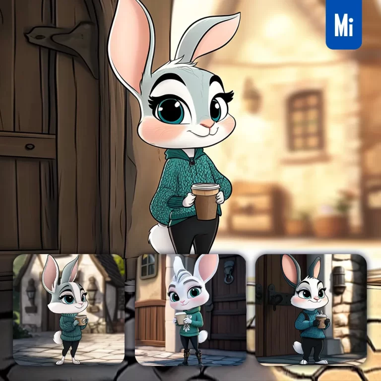 midjourney prompt rabbit town alley street cup coffee cartoon animation