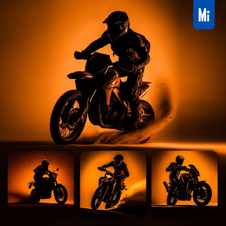 midjourney prompt rally motorcycle side orange yellow silhouette photography