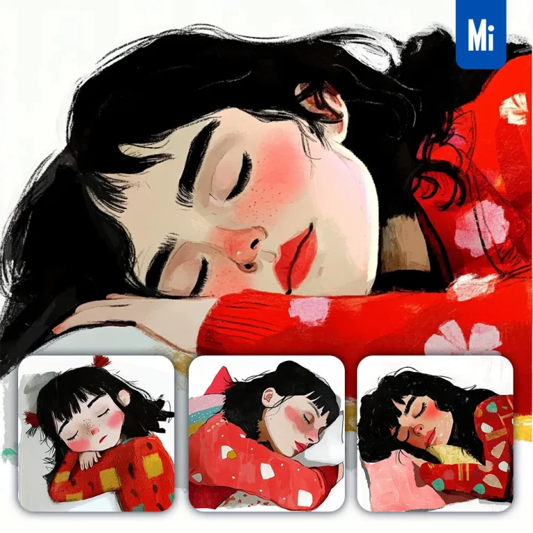 midjourney prompt red girl sleep cartoon illustration painting