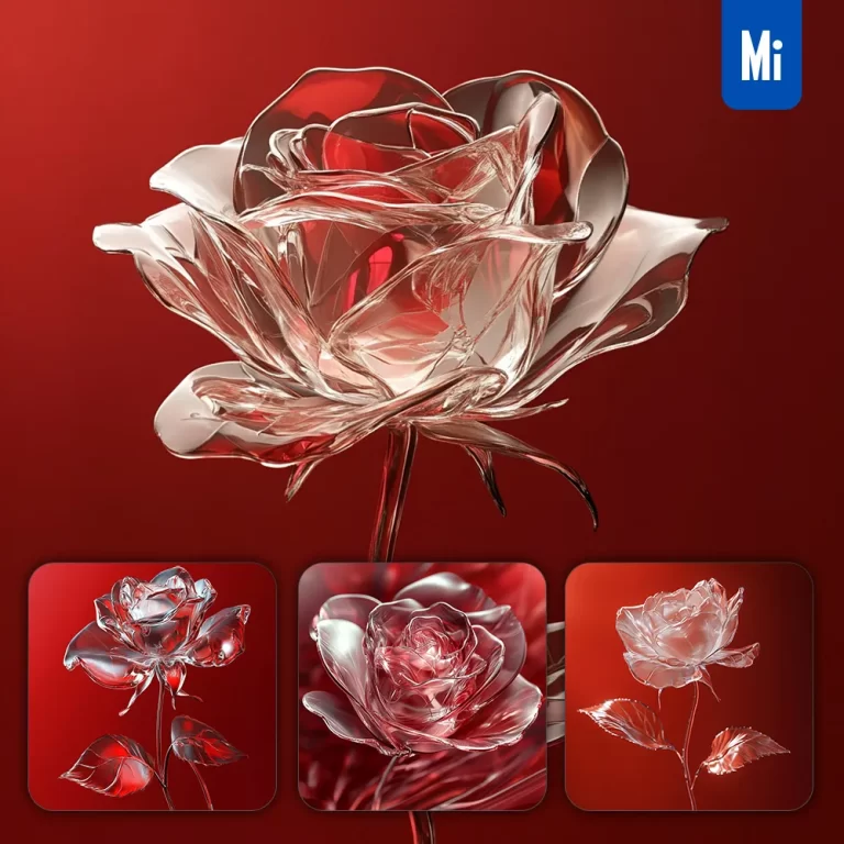 midjourney prompt red rose flower plant glass 3D close up photography