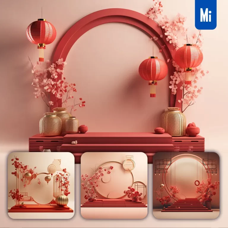 midjourney prompt red stage Chinese New Year paper flower geometric 3D