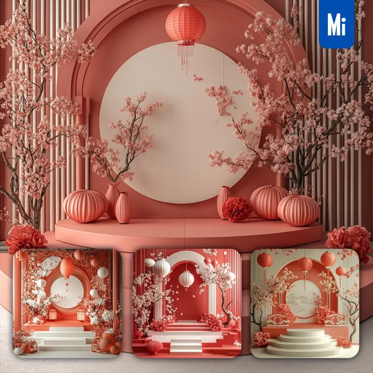 midjourney prompt red stage Chinese New Year paper flower geometric 3D background
