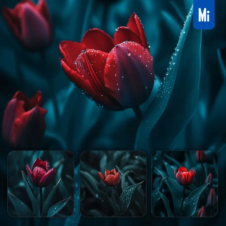 midjourney prompt red tulip leaves branch dewdrop photography
