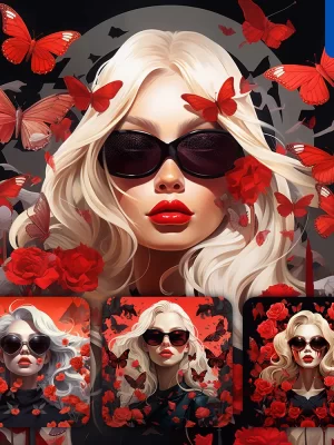 Midjourney Prompt Red Woman Girl Face Sunglasses Rose Flower Butterfly Illustration