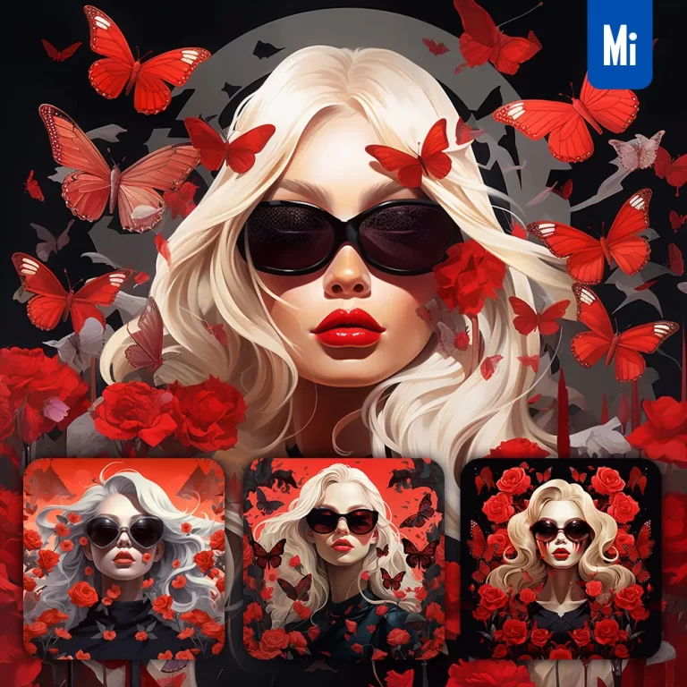 midjourney prompt red woman girl face sunglasses rose flower butterfly illustration
