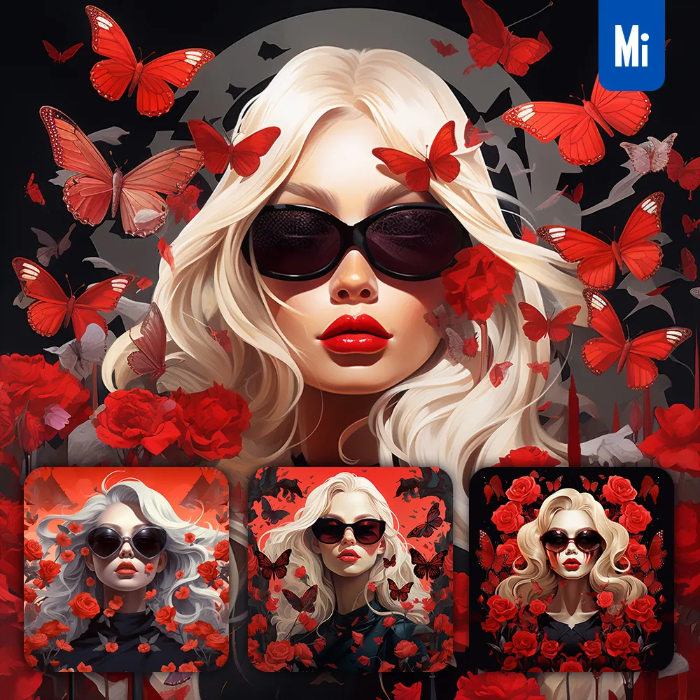 midjourney prompt red woman girl face sunglasses rose flower butterfly illustration