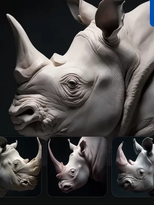 Midjourney Prompt Rhinoceros Head Face Porcelain White Skin Sculpture 3d