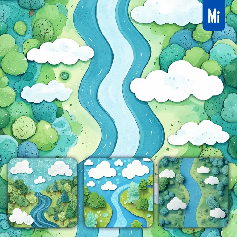 midjourney prompt river tree cloud pattern illustration paper painting
