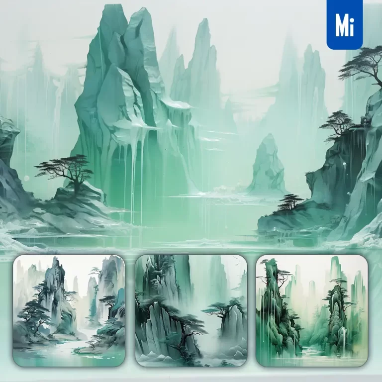 midjourney prompt rock tree mountain lake green digital ink painting