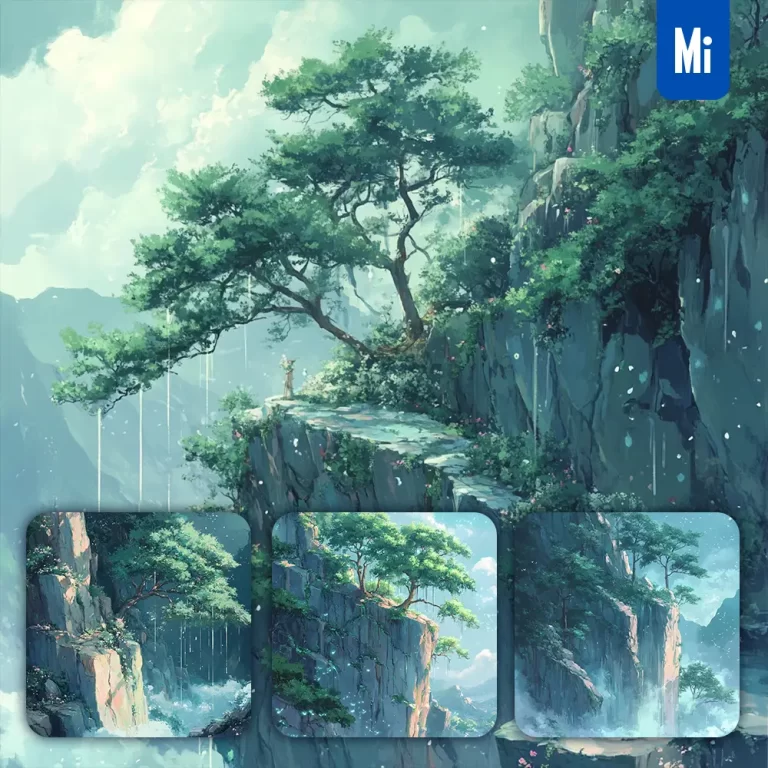 midjourney prompt rock tree mountain lake green digital ink painting animation