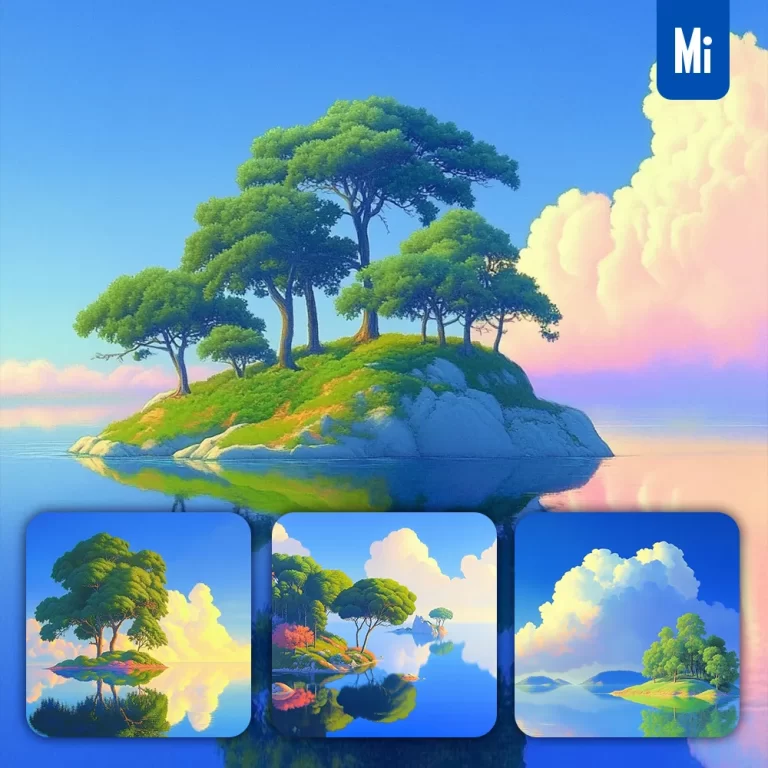 midjourney prompt sea water blue island sky ocean tree cloud landscape illustration
