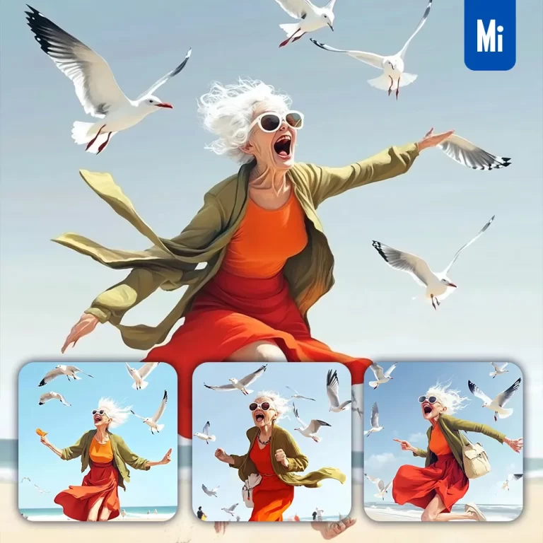 midjourney prompt seagull old lady woman grandmother grandma beach happy crazy sunglasses painting