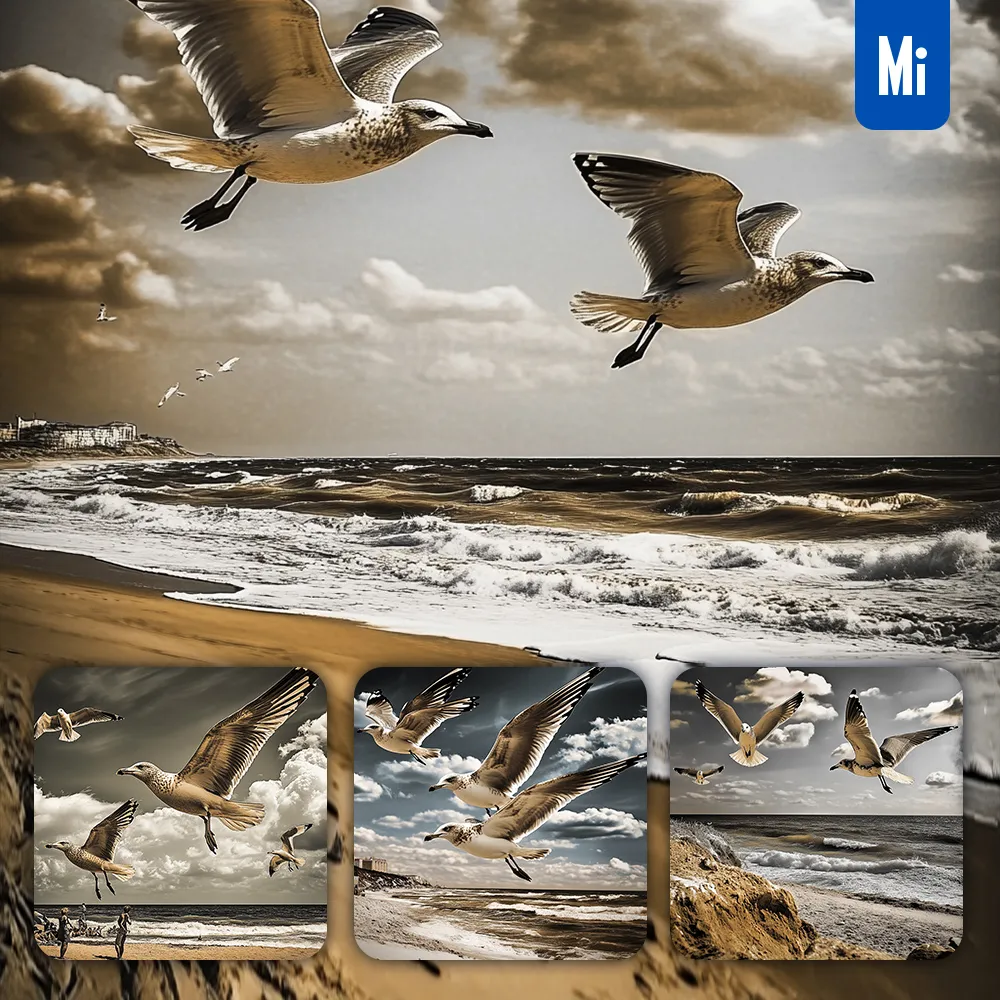 midjourney prompt seaside seagull sky wave sea beach dark illustration photography