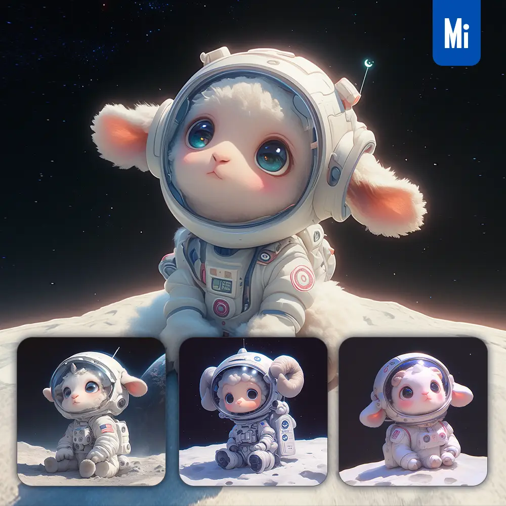 midjourney prompt sheep cute sit white astronaut helmet spaceman 3D toy animation