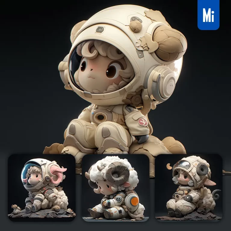 midjourney prompt sheep sit white astronaut helmet spaceman 3D toy