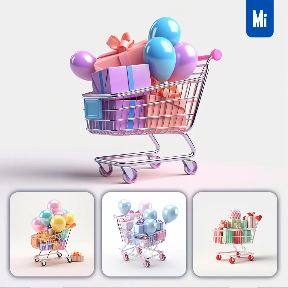 midjourney prompt shopping cart 3D icon cute gift box balloon