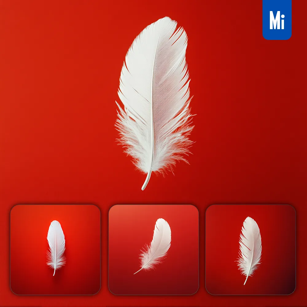 midjourney prompt single white feather float red photography