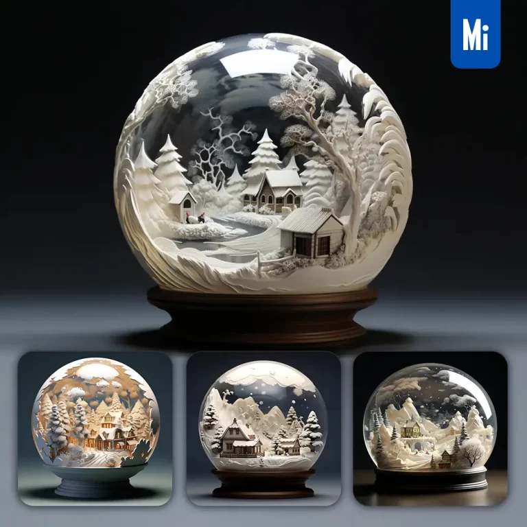 midjourney prompt snow globe winter tree house scene landscape 3D