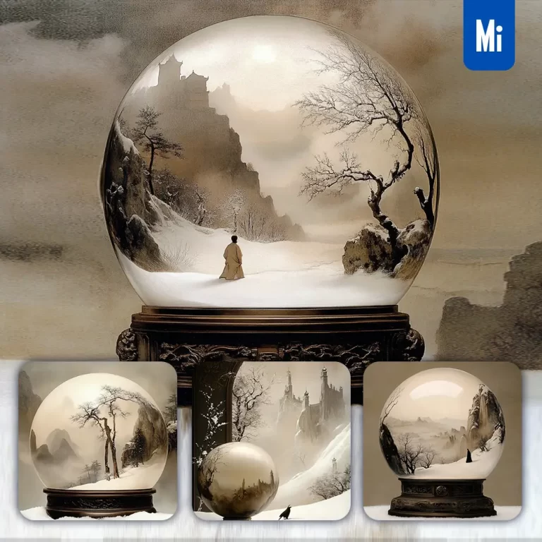 midjourney prompt snow globe winter tree house scene landscape Chinese painting