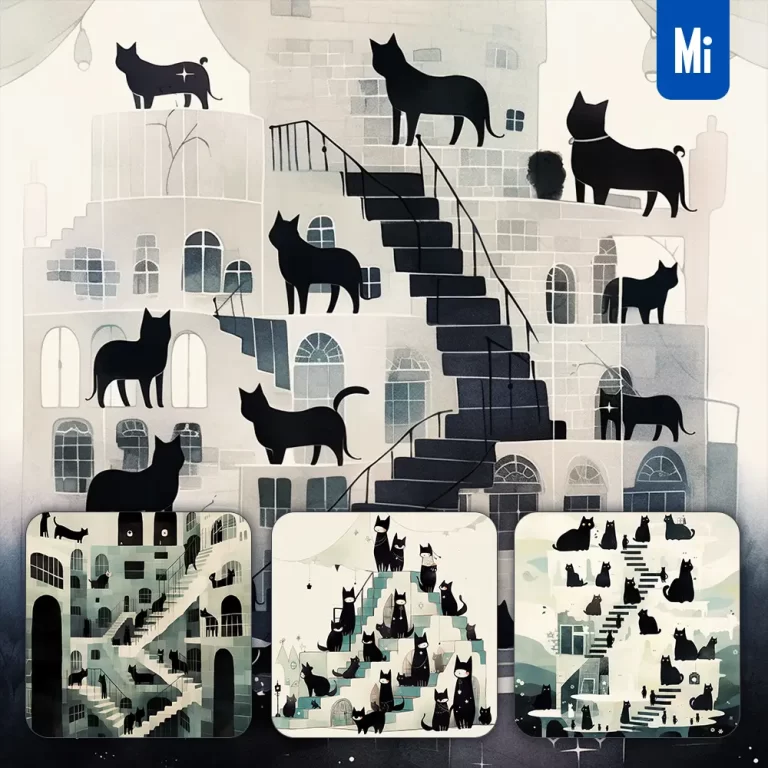 midjourney prompt stair black cat group realistic drawing illustration