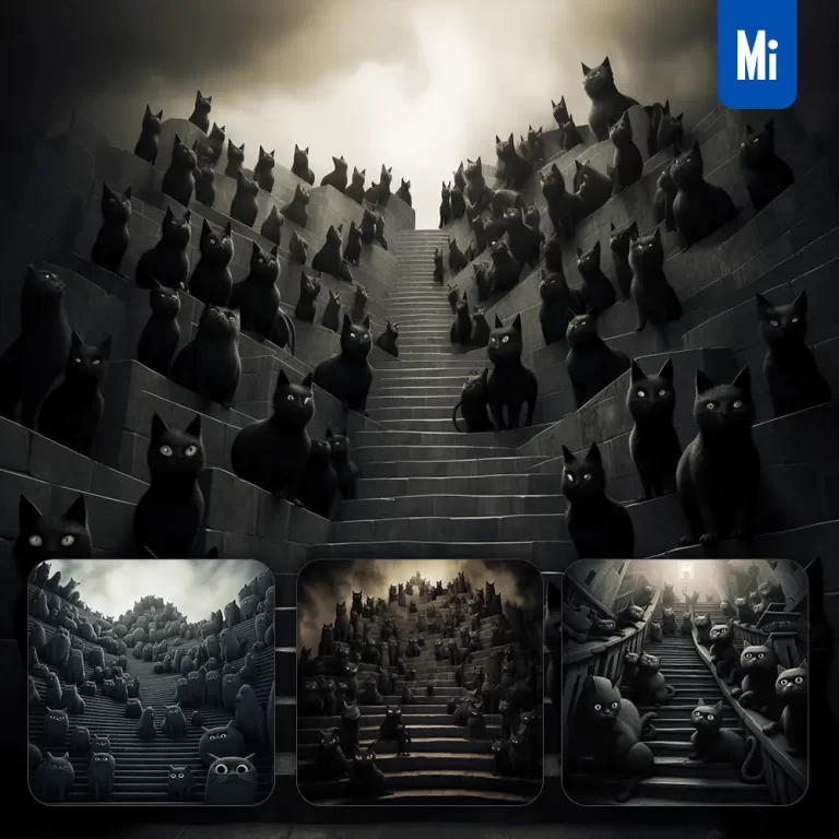 midjourney prompt stair black cat group realistic painting illustration