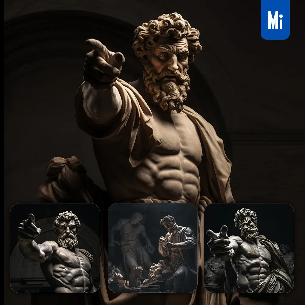 midjourney prompt statue man pointing dark portrait 3D sculpture