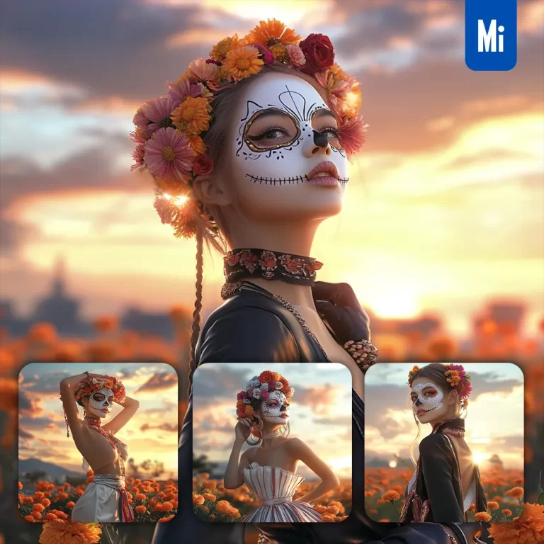 midjourney prompt sunset marigold flower girl woman Day of the Dead photography