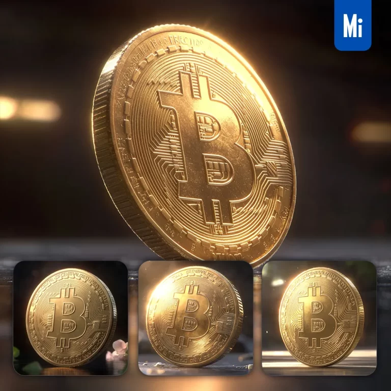 midjourney prompt sunshine BTC Bitcoin gold coin front golden 3D photography