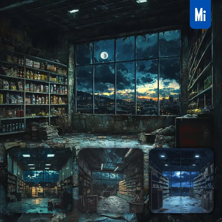 midjourney prompt supermarket dark night room light window cloudy cloud