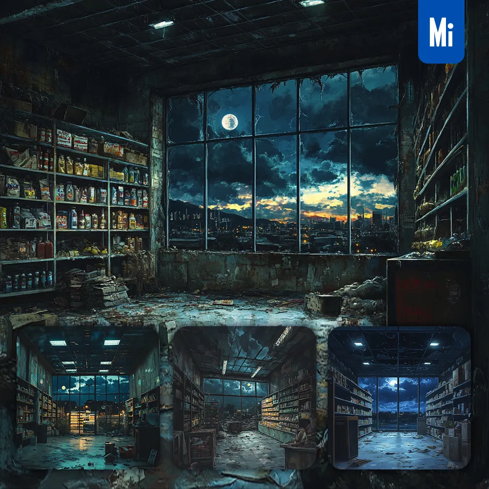 Midjourney Prompt Supermarket Dark Night Room Light Window Cloudy Cloud