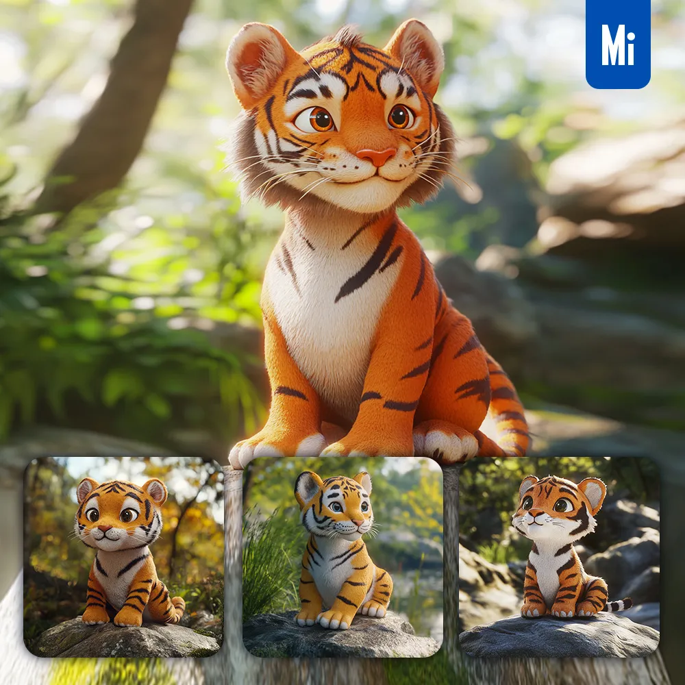 midjourney prompt tiger cute stone wooded mountain sitting rock sky 3D animation