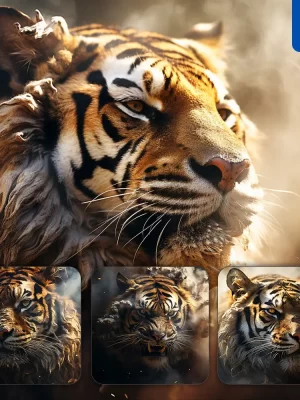 Midjourney Prompt Tiger Head Face Smoke Dust Photography