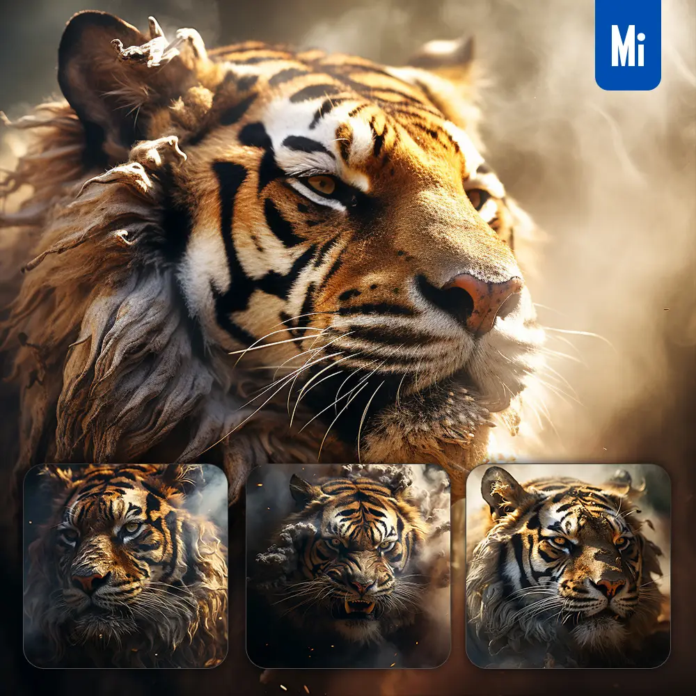 midjourney prompt tiger head face smoke dust photography