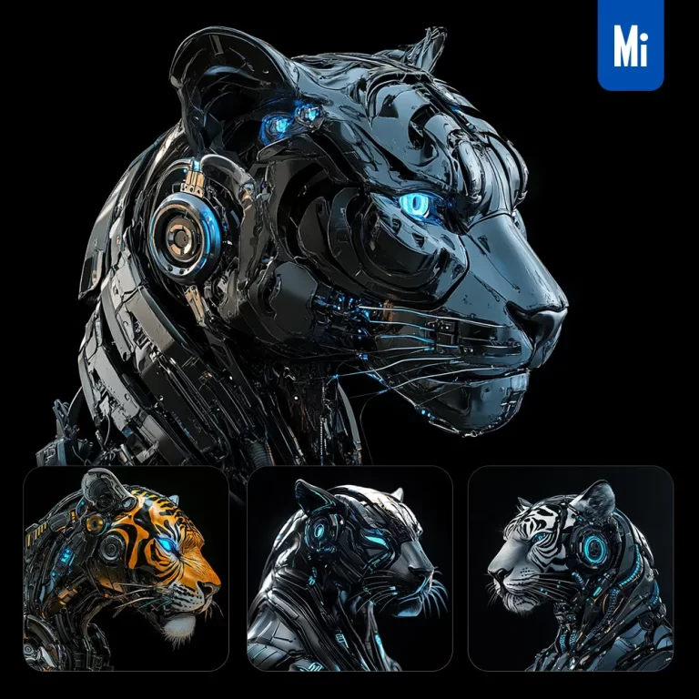 midjourney prompt tiger robot head 3D mechanical photography