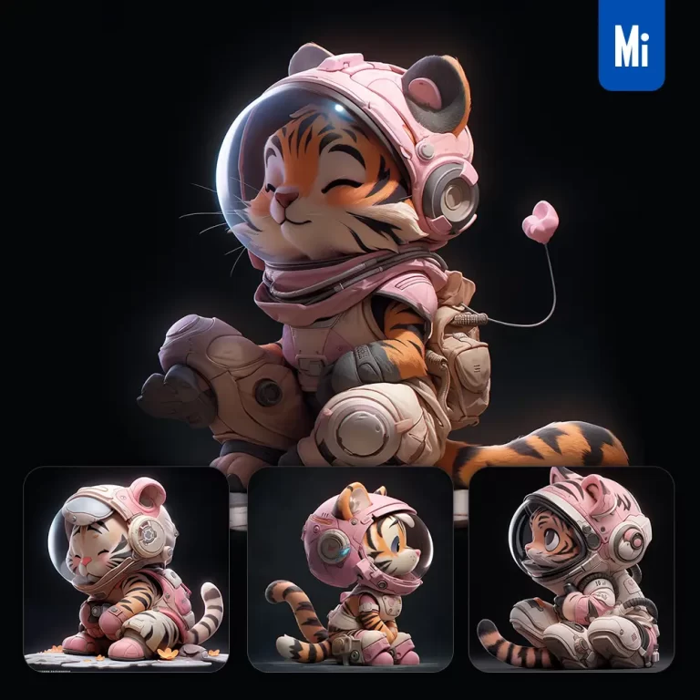midjourney prompt tiger sit pink astronaut helmet spaceman 3D toy