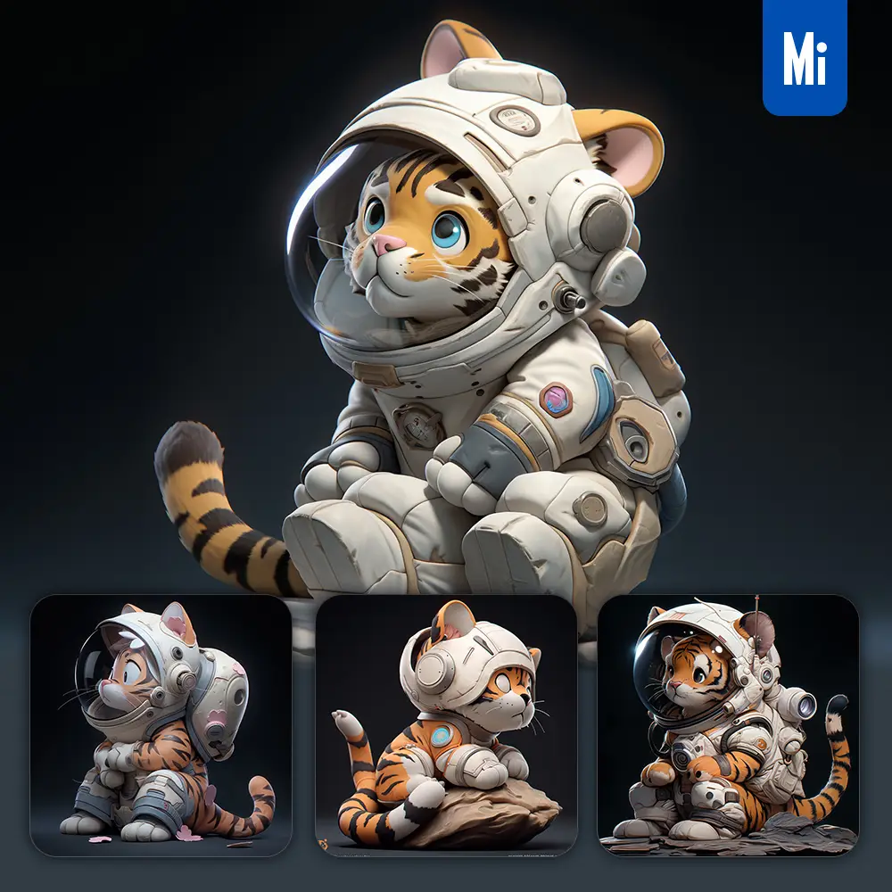 midjourney prompt tiger sit white astronaut helmet spaceman 3D toy