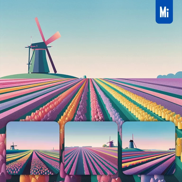 midjourney prompt tulip field sky windmill flower Netherland landscape flat illustration