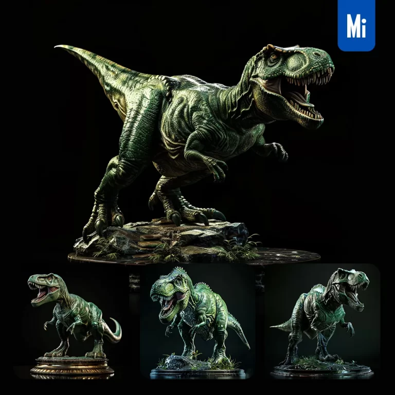 midjourney prompt tyrannosaurus statue green dinosaur realistic 3D photography