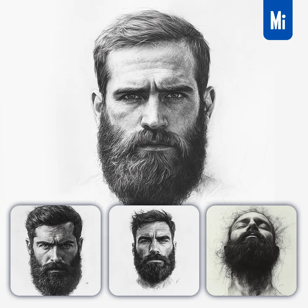 midjourney prompt unyielding man male full beard black and white head sketch pencil drawing