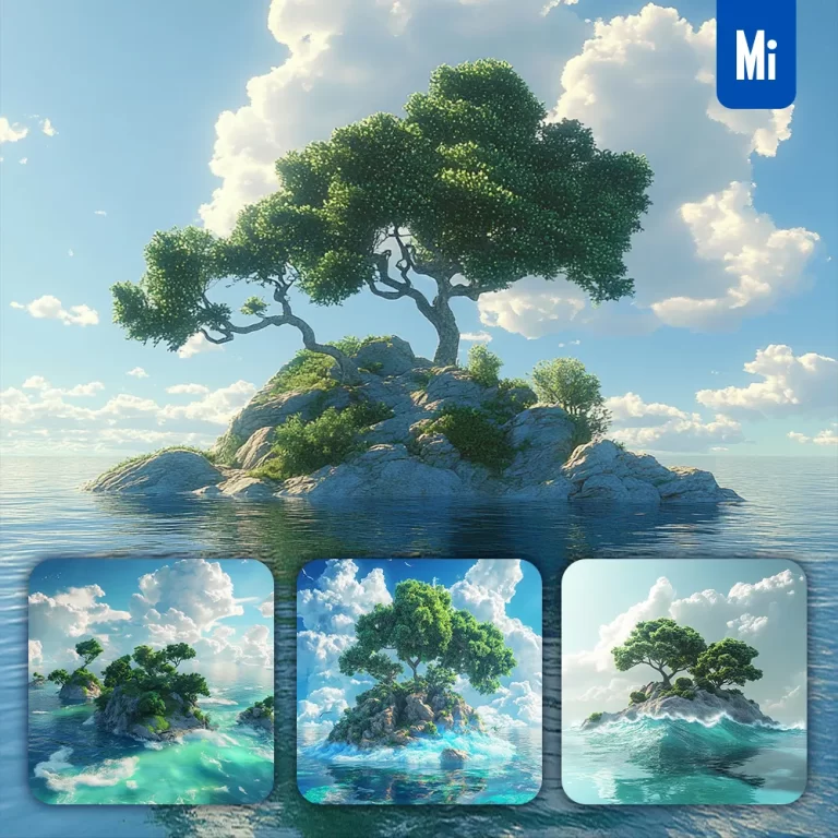 midjourney prompt water blue island sky ocean tree cloud landscape animation 3D