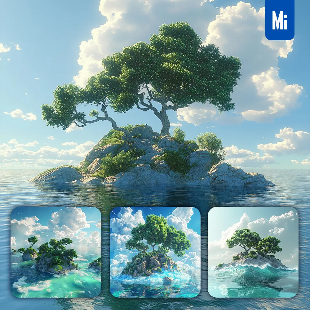 midjourney prompt water blue island sky ocean tree cloud landscape animation 3D