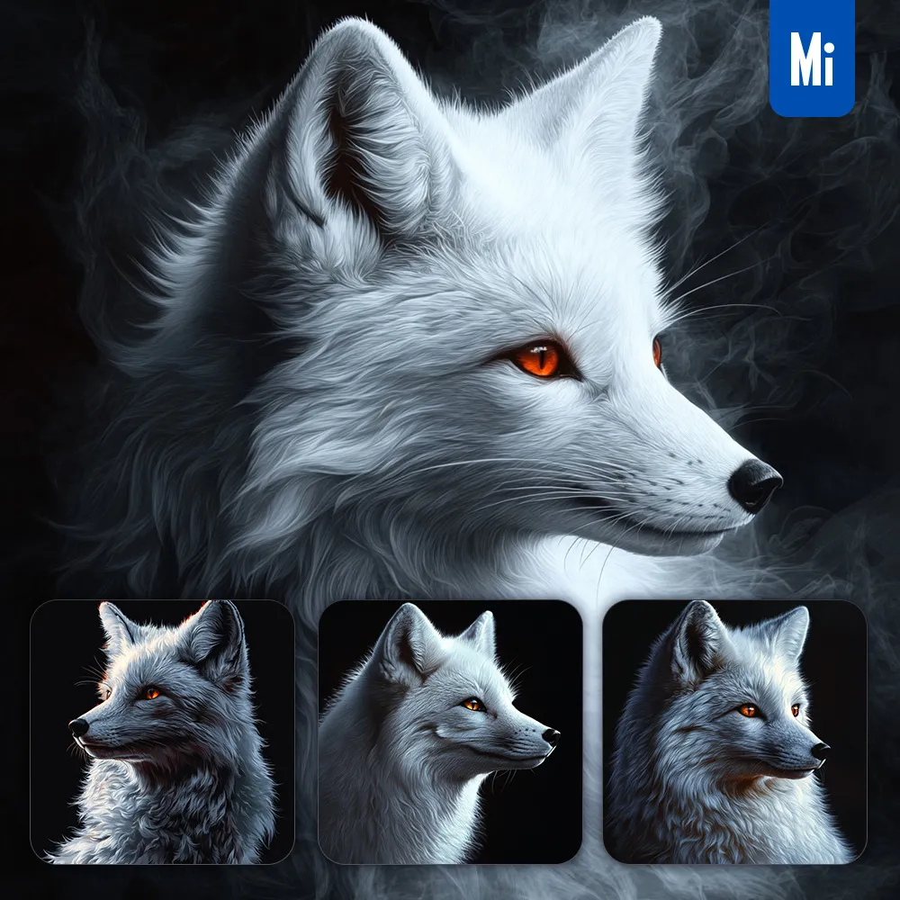 midjourney prompt white fox head face airbrush painting photography