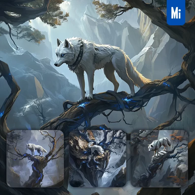 midjourney prompt white wolf night dark tree trunk painting illustration