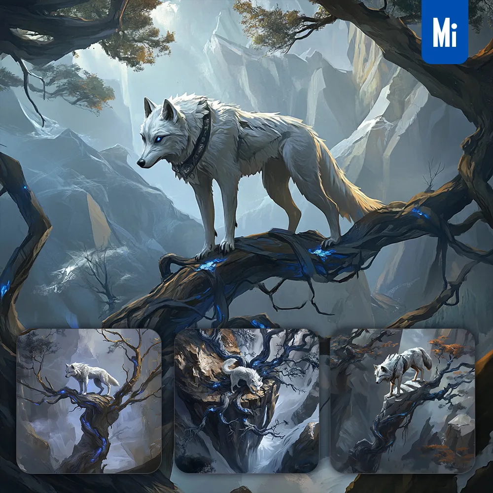 Midjourney Prompt White Wolf Night Dark Tree Trunk Painting Illustration