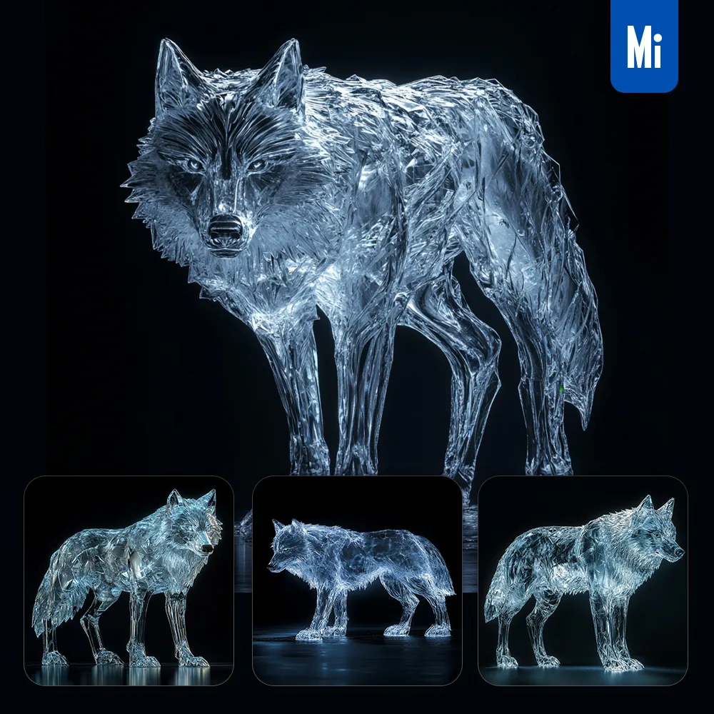 midjourney prompt wolf glass crystal 3D sparkle glitter