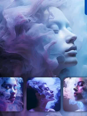 Midjourney Prompt Woman Face Female Head Violet Smoke Dust Portrait Photography
